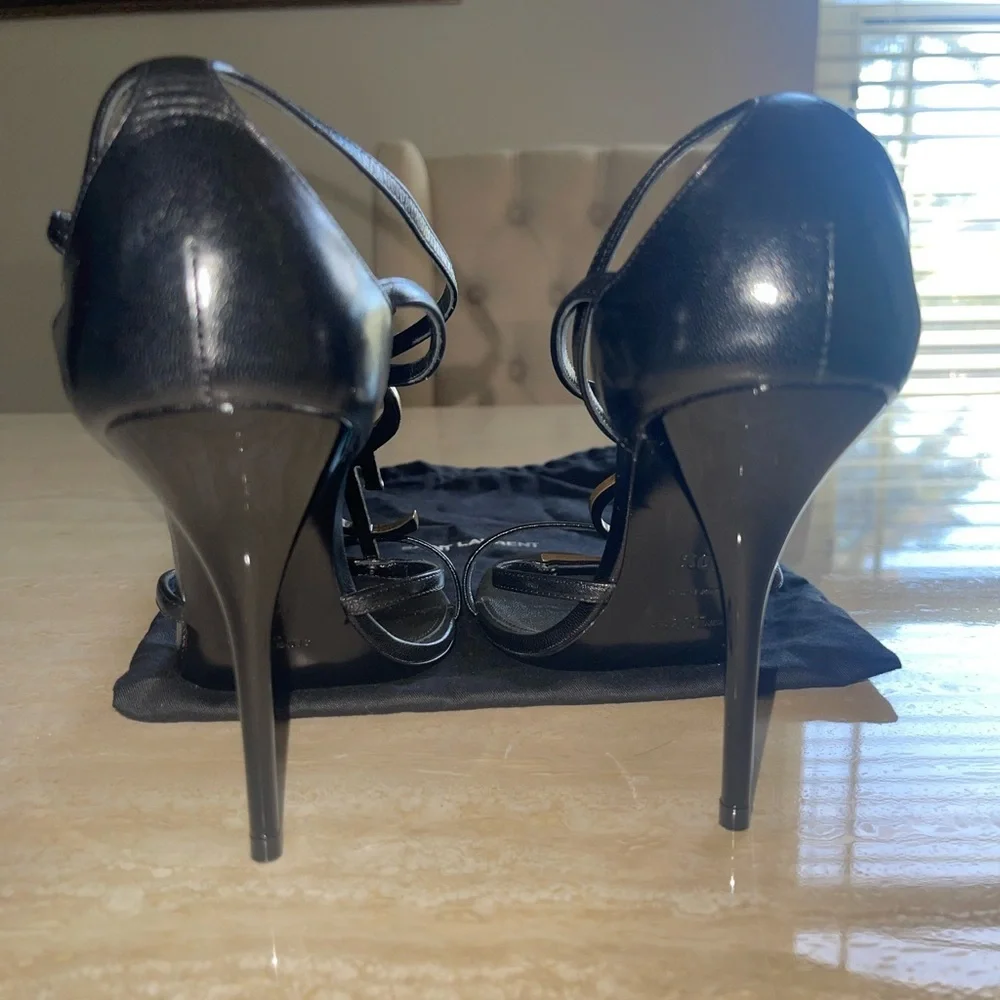 Saint Laurent Black Leather Logo T-Strap Stiletto Sandals with Gold YSL Logo - Picture 6 of 9